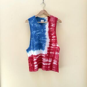 Men's Obey Size Small American FLAG USA Tie Dye tank top raw hem Red White Blue